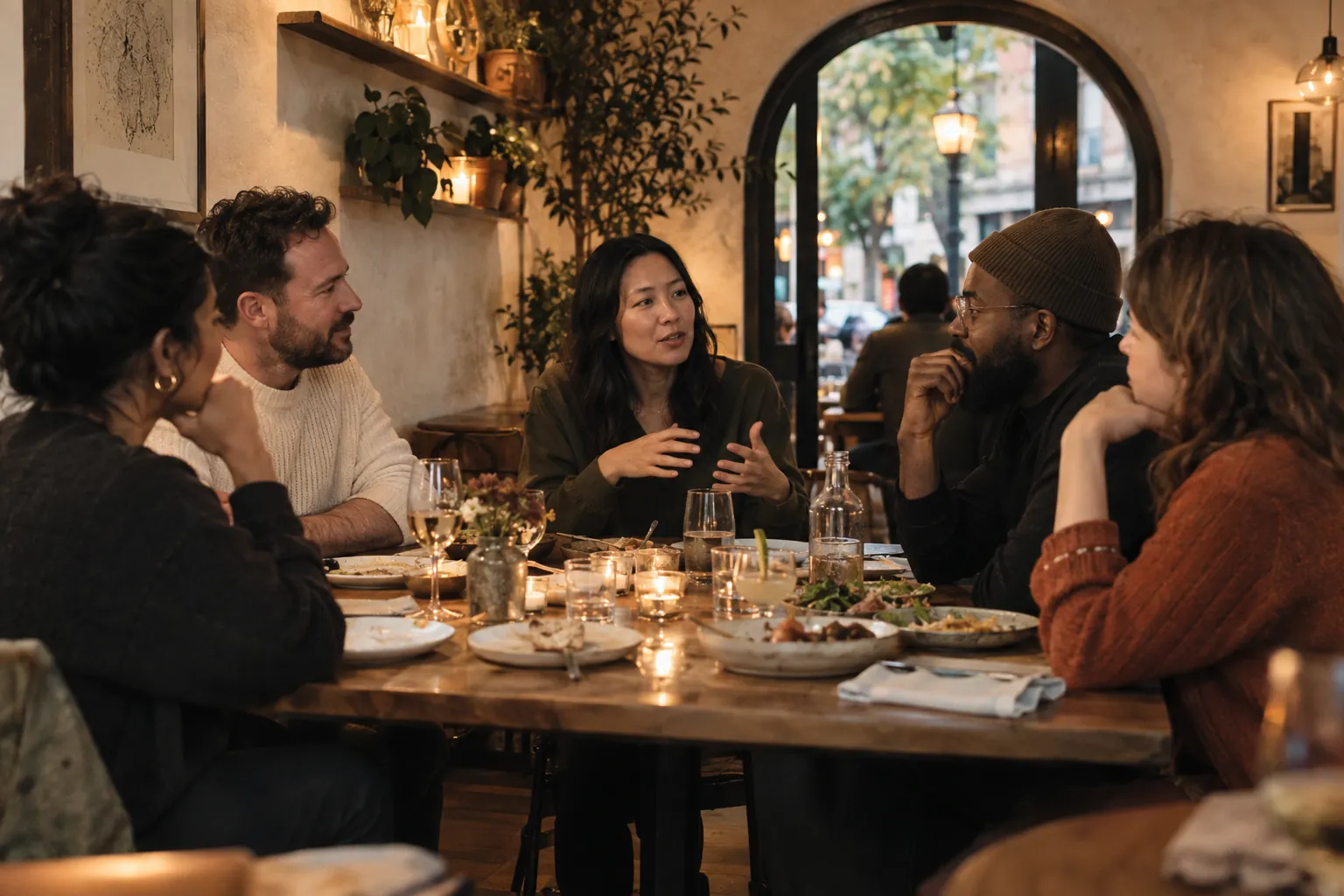 Five adults sharing food and genuine conversation around one long restaurant table