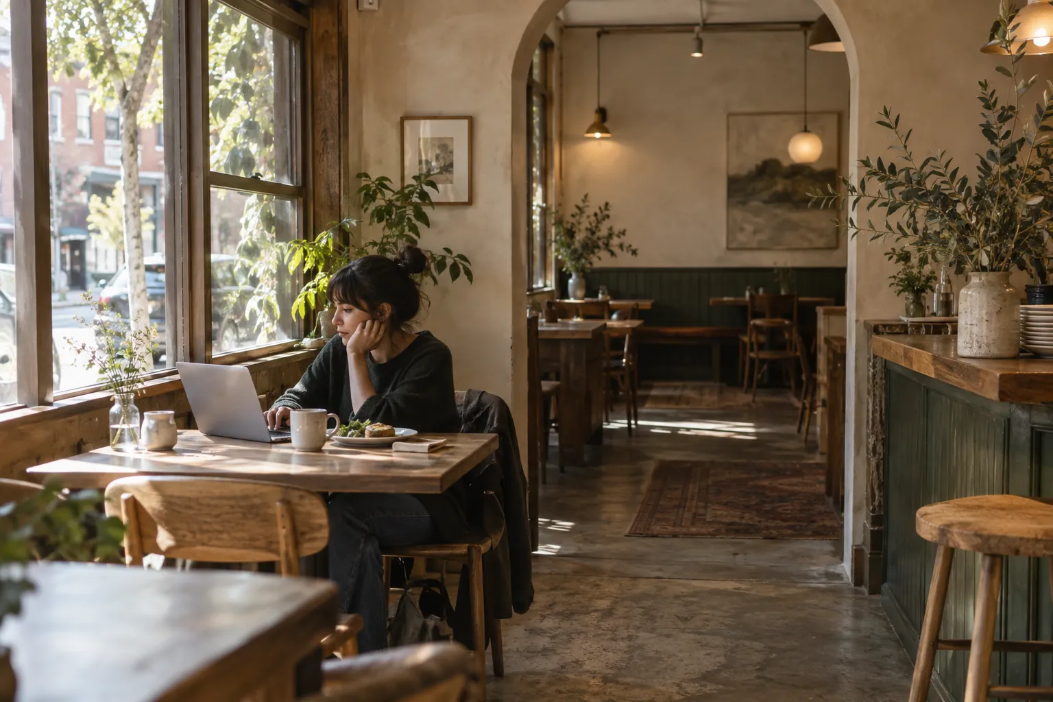 A person working at a wooden cafe table beside a sunny neighborhood window, framed by a wide interior arch