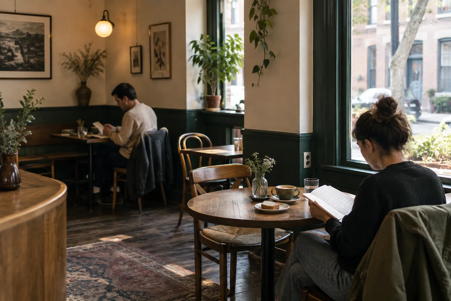 Two guests quietly working at separate wooden tables in a warm green-trimmed neighborhood cafe